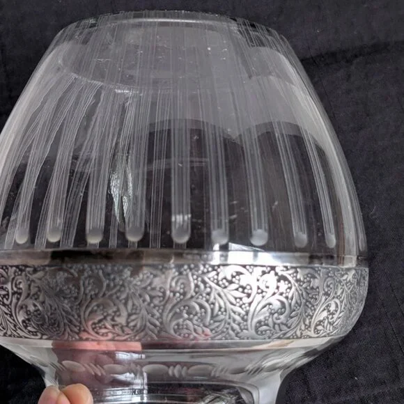 Vintage Fine American Cut/Etched/Frosted Glass Vase W/ Silver Overlay 6.2